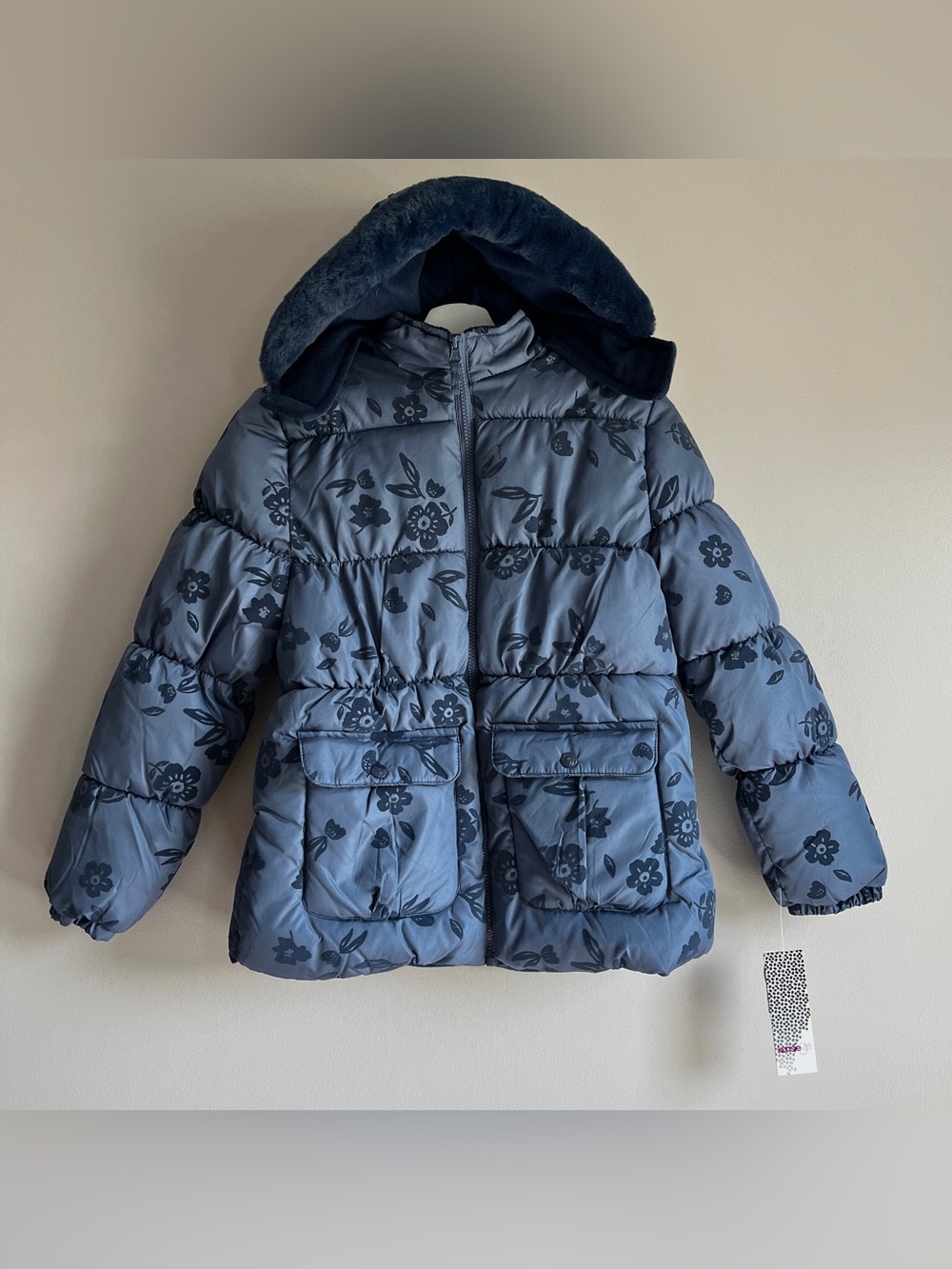 Kensie Girl NEW puffer coat girls XL 16 faux fur hood blue flocked floral fleece